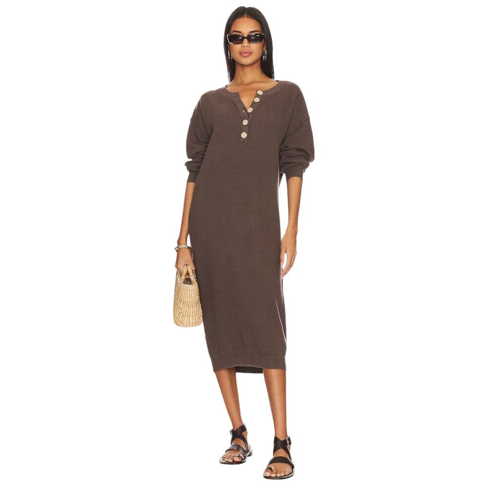 Free People Hailee Midi Dress Brown Women’s Medium Cotton Henley Relaxed Beach